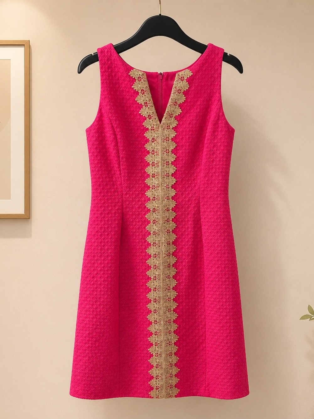 Pappagallo Fuchsia Shift Dress with Gold Lace Trim